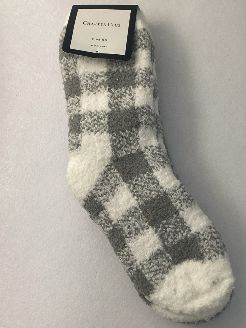 Charter Club Plush Fuzzy Socks - 2 Pairs (Gray & White Checkered and Gray)